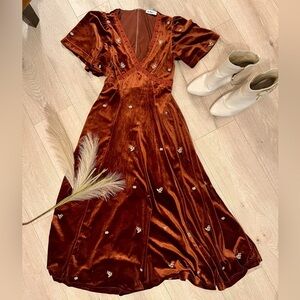 Rust Velvet Dress with Floral Embroidery